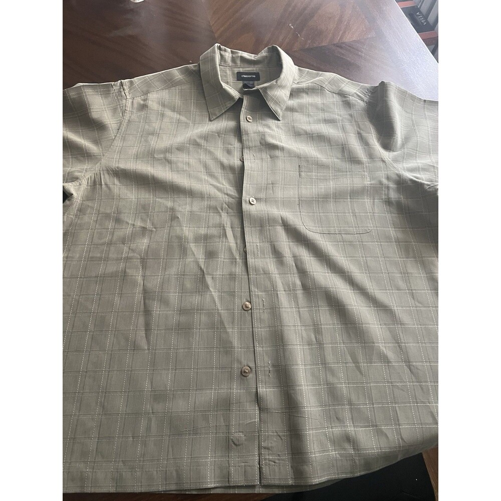 Claiborne Suble Olive Green Plaid Short Sleeve Silk Button Front Shirt Size XXL